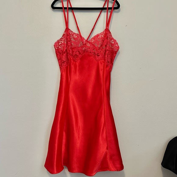Victoria's Secret Other - Vintage Victoria’s Secret Red Satin Lace Slip Dress Size Small Y2K Lingerie Mini